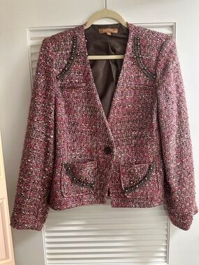 Ellen Tracy Pink Tweed Jacket with Beaded Accents